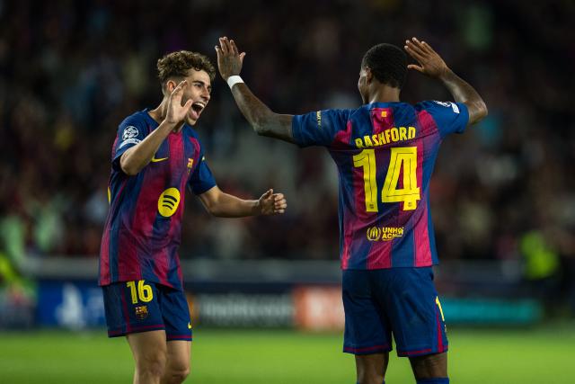 (251022) -- BARCELONA, Oct. 22, 2025 (Xinhua) -- Marcus Rashford (R) and Fermin Lopez of FC Barcelona celebrate a goal during the Champions League football match between FC Barcelona and Olympiacos in Barcelona, Spain, Oct. 21, 2025. (Photo by Joan Gosa/Xinhua)