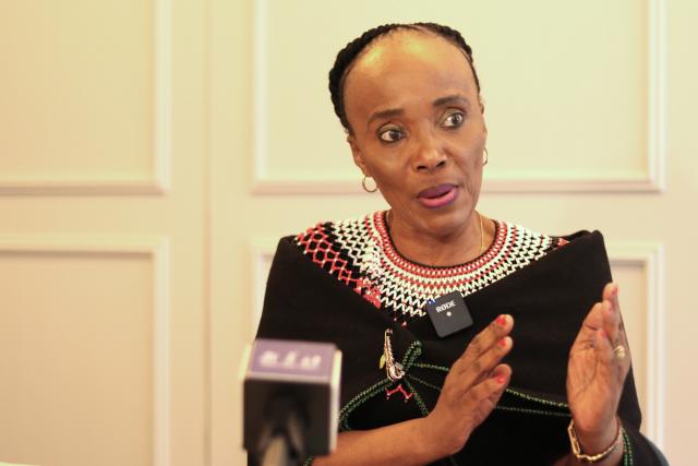(251022) -- JOHANNESBURG, Oct. 22, 2025 (Xinhua) -- South African Minister in the Presidency for Women, Youth, and Persons with Disabilities Sindisiwe Chikunga speaks during an interview with Xinhua in Johannesburg, South Africa, Oct. 20, 2025. TO GO WITH "Interview: Global Leaders' Meeting on Women reaffirms commitment to women's empowerment: S. African minister" (Xinhua/Bai Ge)