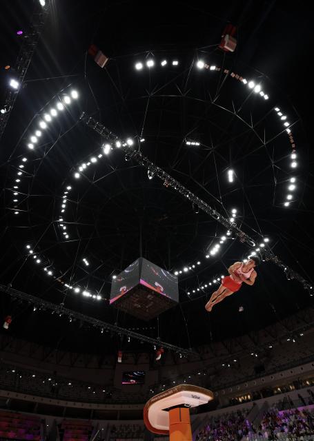 (251022) -- JAKARTA, Oct. 22, 2025 (Xinhua) -- Hashimoto Daiki of Japan competes during the Vault of Men's All-Round Final at the 53rd FIG Artistic Gymnastics World Championships in Jakarta, Indonesia, on Oct. 22, 2025. (Xinhua/Bai Xuefei)