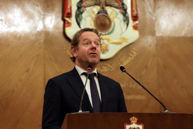 (251022) -- AMMAN, Oct. 22, 2025 (Xinhua) -- Visiting Dutch Foreign Minister David van Weel speaks during a joint press conference with Jordanian Deputy Prime Minister and Foreign Minister Ayman Safadi in Amman, Jordan, Oct. 22, 2025. Advancing to the second phase of the Gaza ceasefire is a key priority, Jordanian Deputy Prime Minister and Foreign Minister Ayman Safadi said on Wednesday during talks with Dutch Foreign Minister David van Weel in Amman, according to a Foreign Ministry statement. (photo by Mohammad Abu Ghosh/Xinhua)