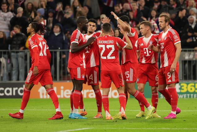 (251023) -- MUNICH, Oct. 23, 2025 (Xinhua) -- Players of Bayern Munich celebrate scoring during during the UEFA Champions League football match between Bayern Munich and Club Brugge in Munich, Germany, Oct. 22, 2025. (Photo by Philippe Ruiz/Xinhua)