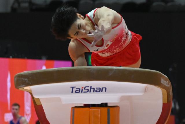 (251023) -- JAKARTA, Oct. 23, 2025 (Xinhua) -- Hashimoto Daiki of Japan competes on the vault during the Men's All-Around Final of the 53rd FIG World Artistic Gymnastics Championships at Indonesia Arena Stadium in Jakarta, Indonesia, Oct. 22, 2025. (Xinhua/Agung Kuncahya B.)