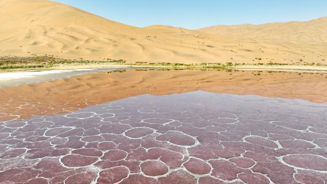 (251023) -- ALXA, Oct. 23, 2025 (Xinhua) -- A drone photo taken on Oct. 22, 2025 shows a lake in the Badain Jaran Desert in Alxa Right Banner, the Alxa League of north China's Inner Mongolia Autonomous Region. The Badain Jaran Desert was included on the World Heritage List in July 2024. (Xinhua/Bei He)