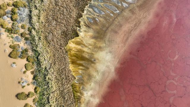 (251023) -- ALXA, Oct. 23, 2025 (Xinhua) -- An aerial drone photo taken on Oct. 22, 2025 shows a lake in the Badain Jaran Desert in Alxa Right Banner, the Alxa League of north China's Inner Mongolia Autonomous Region. The Badain Jaran Desert was included on the World Heritage List in July 2024. (Xinhua/Bei He)