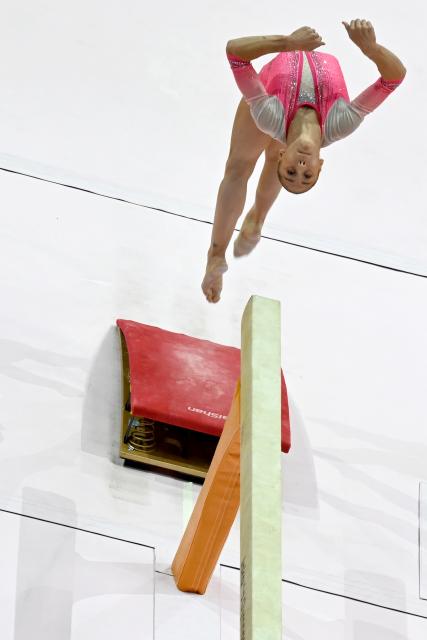 (251023) -- JAKARTA, Oct. 23, 2025 (Xinhua) -- Kaylia Nemour of Algeria competes during the Balance Beam of the Women's All-Round Final at the 53rd FIG Artistic Gymnastics World Championships in Jakarta, Indonesia, on Oct. 23, 2025. (Xinhua/Agung Kuncahya B.)