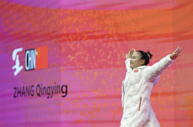 (251023) -- JAKARTA, Oct. 23, 2025 (Xinhua) -- Zhang Qingying of China gestures before the Women's All-Round Final at the 53rd FIG Artistic Gymnastics World Championships in Jakarta, Indonesia, on Oct. 23, 2025. (Xinhua/Bai Xuefei)