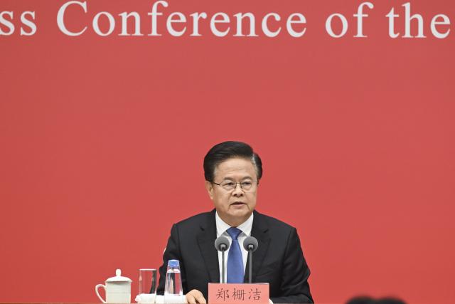 (251024) -- BEIJING, Oct. 24, 2025 (Xinhua) -- Zheng Shanjie, head of the National Development and Reform Commission, speaks at a press conference held by the Communist Party of China (CPC) Central Committee on the guiding principles from the fourth plenary session of the 20th CPC Central Committee on Oct. 24, 2025. (Xinhua/Jin Liangkuai)