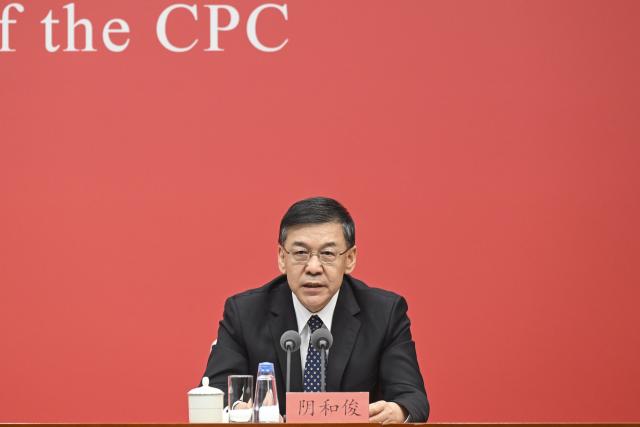 (251024) -- BEIJING, Oct. 24, 2025 (Xinhua) -- Chinese Minister of Science and Technology Yin Hejun speaks at a press conference held by the Communist Party of China (CPC) Central Committee on the guiding principles from the fourth plenary session of the 20th CPC Central Committee on Oct. 24, 2025. (Xinhua/Jin Liangkuai)