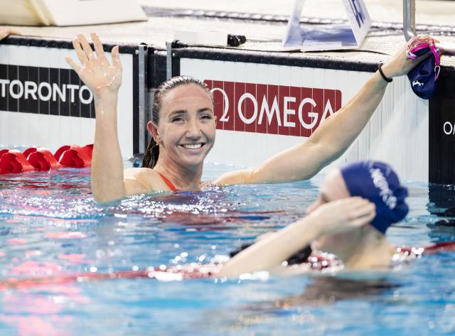 (251024) -- TORONTO, Oct. 24, 2025 (Xinhua) -- Lani Pallister of Australia reacts after winning the women's 400m freestyle final at the World Aquatics Swimming World Cup 2025 in Toronto, Canada, on Oct. 23, 2025. (Photo by Zou Zheng/Xinhua)