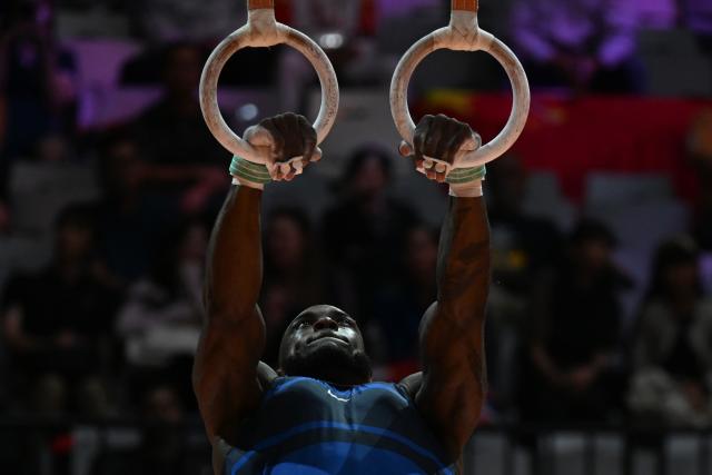 (251024) -- JAKARTA, Oct. 24, 2025 (Xinhua) -- Donnell Whittenburg of the United States competes during the Men's Rings Final at 53rd FIG Artistic Gymnastics World Championships in Jakarta, Indonesia, on Oct. 24, 2025. (Xinhua/Agung Kuncahya B.)