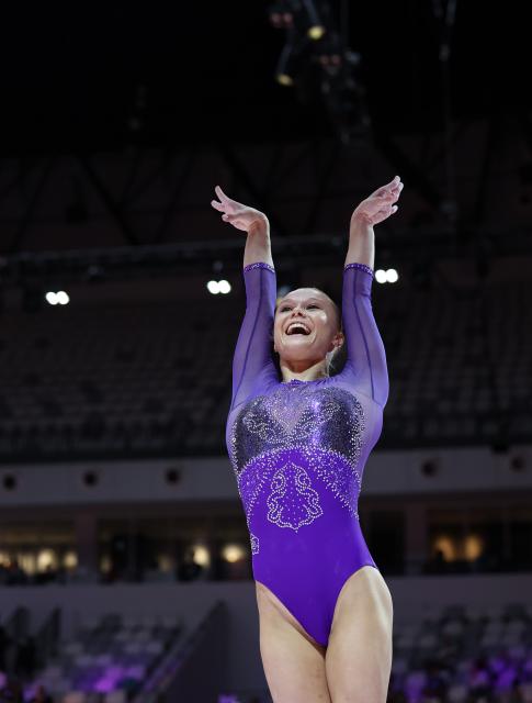 (251024) -- JAKARTA, Oct. 24, 2025 (Xinhua) -- Angelina Melnikova of AIN (Individual Neutral Athlete) competes during the Women's Vault Final at 53rd FIG Artistic Gymnastics World Championships in Jakarta, Indonesia, on Oct. 24, 2025. (Xinhua/Bai Xuefei)