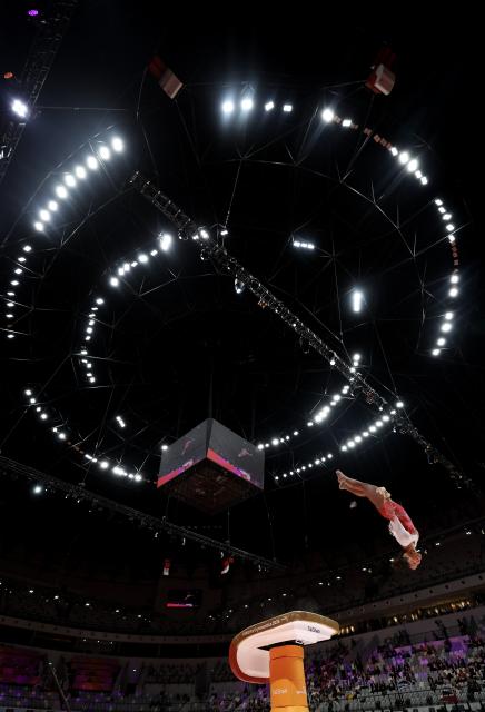 (251024) -- JAKARTA, Oct. 24, 2025 (Xinhua) -- Lia-Monica Fontaine of Canada competes during the Women's Vault Final at 53rd FIG Artistic Gymnastics World Championships in Jakarta, Indonesia, on Oct. 24, 2025. (Xinhua/Bai Xuefei)