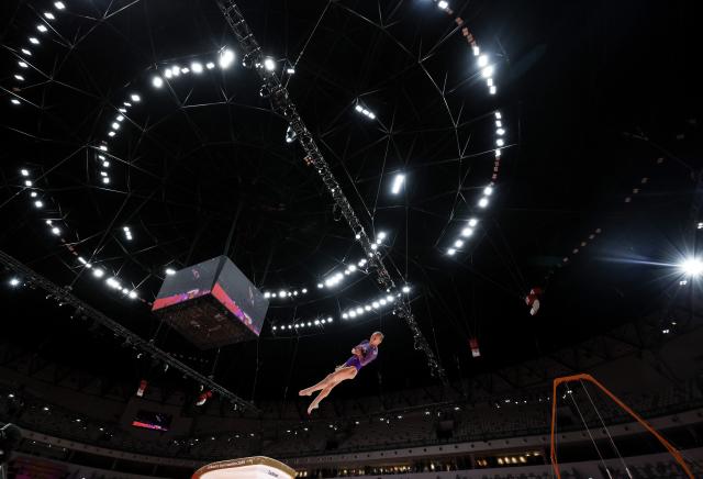 (251024) -- JAKARTA, Oct. 24, 2025 (Xinhua) -- Angelina Melnikova of AIN (Individual Neutral Athlete) competes during the Women's Vault Final at 53rd FIG Artistic Gymnastics World Championships in Jakarta, Indonesia, on Oct. 24, 2025. (Xinhua/Bai Xuefei)