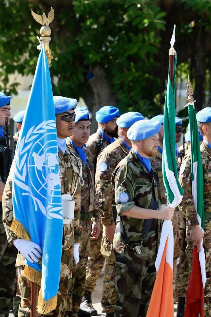 (251024) -- NAQOURA(LEBANON), Oct. 24, 2025 (Xinhua) -- The United Nations Interim Force in Lebanon (UNIFIL) holds a military parade at its headquarters in Naqoura, southern Lebanon, Oct. 24, 2025, marking the 80th anniversary of the founding of the United Nations. (Photo by Ali Hashisho/Xinhua)