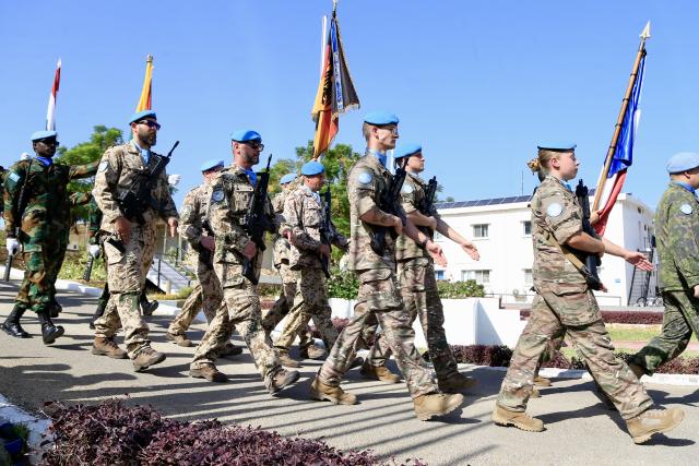 (251024) -- NAQOURA(LEBANON), Oct. 24, 2025 (Xinhua) -- The United Nations Interim Force in Lebanon (UNIFIL) holds a military parade at its headquarters in Naqoura, southern Lebanon, Oct. 24, 2025, marking the 80th anniversary of the founding of the United Nations. (Photo by Ali Hashisho/Xinhua)