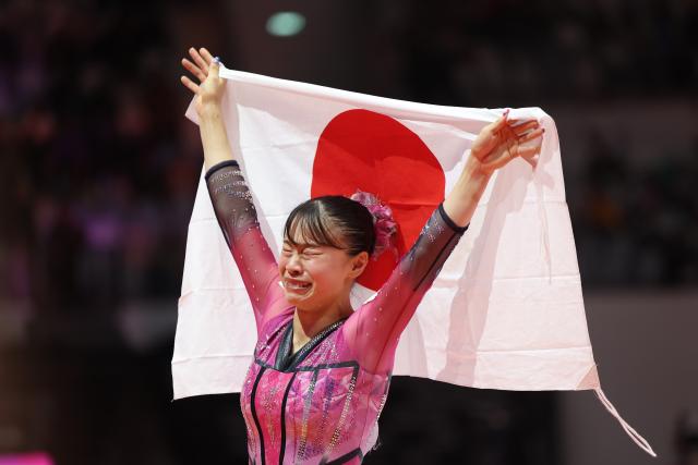 (251025) -- JAKARTA, Oct. 25, 2025 (Xinhua) -- Sugihara Aiko of Japan celebrates after the women's Floor Exercise Final at 53rd FIG Artistic Gymnastics World Championships in Jakarta, Indonesia, on Oct. 25, 2025. (Xinhua/Bai Xuefei)