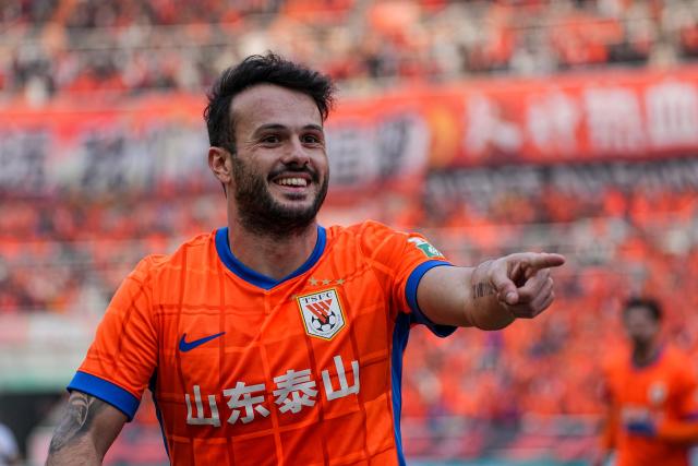 (251026) -- JINAN, Oct. 26, 2025 (Xinhua) -- Valeri Qazaishvili of Shandong Taishan celebrates his goal during the 28th round match between Shandong Taishan and Shanghai Port at the 2025 Chinese Super League (CSL) in Jinan, east China's Shandong Province, Oct. 26, 2025. (Xinhua/Zhu Zheng)