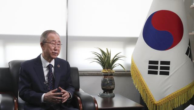 (251026) -- SEOUL, Oct. 26, 2025 (Xinhua) -- Ban Ki-moon, chairman of the Boao Forum for Asia and former UN secretary-general, speaks during an interview with Xinhua in Seoul, South Korea, Oct. 1, 2025. TO GO WITH: "Interview: Former UN chief urges APEC to champion multilateralism, regional cooperation" (Xinhua/Yao Qilin)