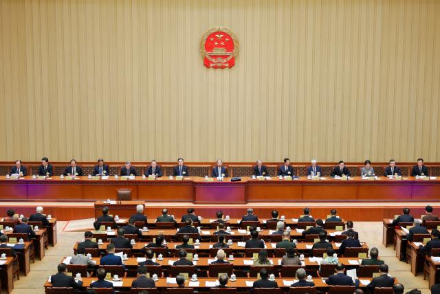 (251026) -- BEIJING, Oct. 26, 2025 (Xinhua) -- Zhao Leji, chairman of the National People's Congress (NPC) Standing Committee, presides over the third plenary meeting of the 18th session of the 14th NPC Standing Committee at the Great Hall of the People in Beijing, capital of China, Oct. 26, 2025. (Xinhua/Liu Bin)