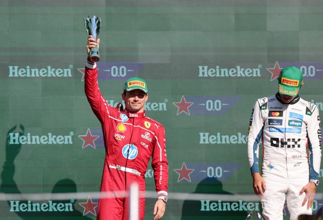 (251027) -- MEXICO CITY, Oct. 27, 2025 (Xinhua) -- Second-placed Ferrari's Monegasque driver Charles Leclerc attends the awarding ceremony for the Formula One Mexico Grand Prix at the Hermanos Rodriguez Circuit in Mexico City, Mexico, Oct. 26, 2025. (Xinhua/Li Mengxin)