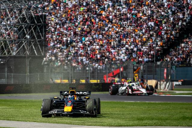 (251027) -- MEXICO CITY, Oct. 27, 2025 (Xinhua) -- Red Bull's Dutch driver Max Verstappen races off the track during the Formula One Mexico Grand Prix at the Hermanos Rodriguez Circuit in Mexico City, Mexico, Oct. 26, 2025. (Xinhua/Li Mengxin)