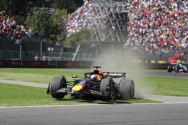 (251027) -- MEXICO CITY, Oct. 27, 2025 (Xinhua) -- Red Bull's Dutch driver Max Verstappen races off the track during the Formula One Mexico Grand Prix at the Hermanos Rodriguez Circuit in Mexico City, Mexico, Oct. 26, 2025. (Xinhua/Li Mengxin)