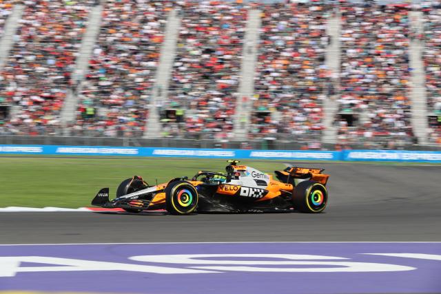 (251027) -- MEXICO CITY, Oct. 27, 2025 (Xinhua) -- McLaren's British driver Lando Norris competes during the Formula One Mexico Grand Prix at the Hermanos Rodriguez Circuit in Mexico City, Mexico, Oct. 26, 2025. (Xinhua/Li Mengxin)