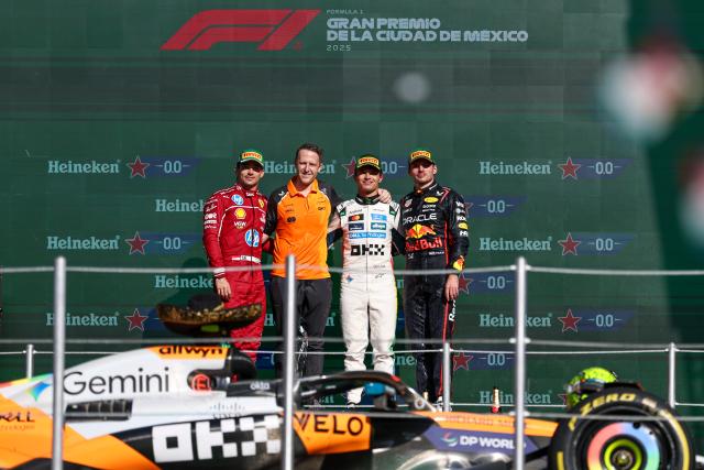 (251027) -- MEXICO CITY, Oct. 27, 2025 (Xinhua) -- First-placed McLaren's British driver Lando Norris (2nd R), second-placed Ferrari's Monegasque driver Charles Leclerc (1st L) and third-placed Red Bull's Dutch driver Max Verstappen (1st R) pose with McLaren's British engineer Will Joseph during the awarding ceremony for the Formula One Mexico Grand Prix at the Hermanos Rodriguez Circuit in Mexico City, Mexico, Oct. 26, 2025. (Photo by Song Haiyuan/Xinhua)