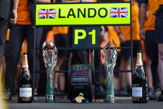 (251027) -- MEXICO CITY, Oct. 27, 2025 (Xinhua) -- Trophies are pictured before the awarding ceremony for the Formula One Mexico Grand Prix at the Hermanos Rodriguez Circuit in Mexico City, Mexico, Oct. 26, 2025. (Photo by Song Haiyuan/Xinhua)