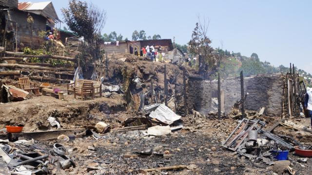 (251027) -- BUKAVU, Oct. 27, 2025 (Xinhua) -- This photo shows a deadly fire accident site in Bukavu, eastern Democratic Republic of the Congo, Oct. 27, 2025. At least 14 people have been killed after a fire broke out on Sunday evening in Bukavu, the capital of South Kivu Province in eastern Democratic Republic of the Congo, according to local sources. (Str/Xinhua)