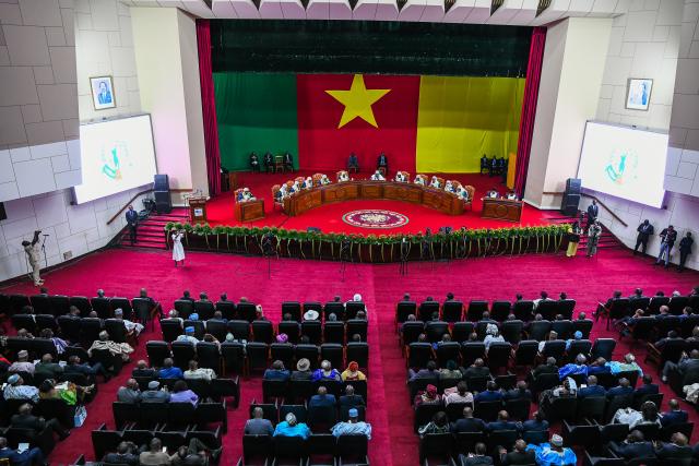 (251027) -- YAOUNDE, Oct. 27, 2025 (Xinhua) -- This photo taken on Oct. 27, 2025 shows a view of the courtroom of the Constitutional Council of Cameroon during the official proclamation of the results of the country's presidential election in Yaounde, capital of Cameroon. Paul Biya has been re-elected president of Cameroon for an eighth term, securing 53.66 percent of the votes, the country's Constitutional Council announced Monday. (Photo by Kepseu/Xinhua)