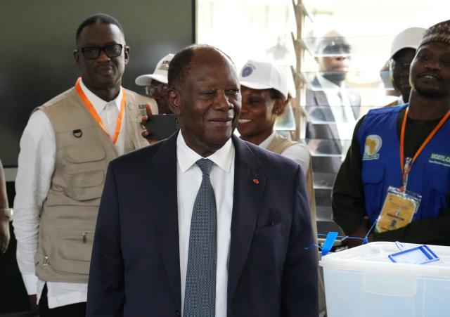 (251027) --ABIDJAN, Oct. 27, 2025 (Xinhua) -- Cote d'Ivoire's incumbent President Alassane Ouattara, candidate of the Rally of Houphouetists for Democracy and Peace, has won the presidential election with 89.77 percent of the votes, according to provisional results released Monday by the country's Independent Electoral Commission (CEI). File photo taken on Oct. 25, 2025, shows President Alassane Ouattara at a polling station, in Abidjan, Cote d'Ivoire. (Xinhua/Zhang Jian)