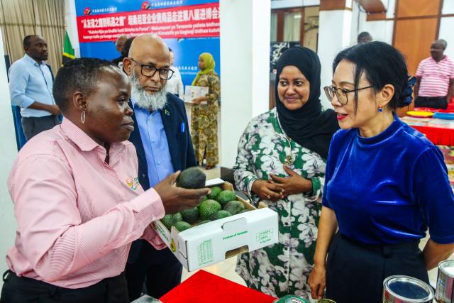 (251028) -- DAR ES SALAAM, Oct. 28, 2025 (Xinhua) -- A representative from participating companies introduces the avocados destined for the eighth China International Import Expo (CIIE) to Chinese Ambassador to Tanzania Chen Mingjian, in Dar es Salaam, Tanzania, Oct. 27, 2025. TO GO WITH "Tanzania sends off business delegation to China for upcoming CIIE" (Xinhua/Emmanuel Herman)