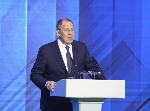 (251028) -- MINSK, Oct. 28, 2025 (Xinhua) -- Russian Foreign Minister Sergei Lavrov speaks during the opening ceremony of the 3rd Minsk International Conference on Eurasian Security in Minsk, Belarus, Oct. 28, 2025. During his speech at the 3rd Minsk International Conference on Eurasian Security, Lavrov blamed Western nations for undermining arms control agreements and continuing the North Atlantic Treaty Organization's (NATO's) eastward expansion despite earlier promises to the contrary. (Photo by Henadz Zhinkov/Xinhua)