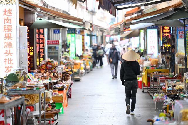 (251029) -- NANNING, Oct. 29, 2025 (Xinhua) -- This photo taken on Jan. 8, 2025 shows Vietnamese products sold in an alley of Dongxing City, south China's Guangxi Zhuang Autonomous Region. (Xinhua/Chen Zhonghao)