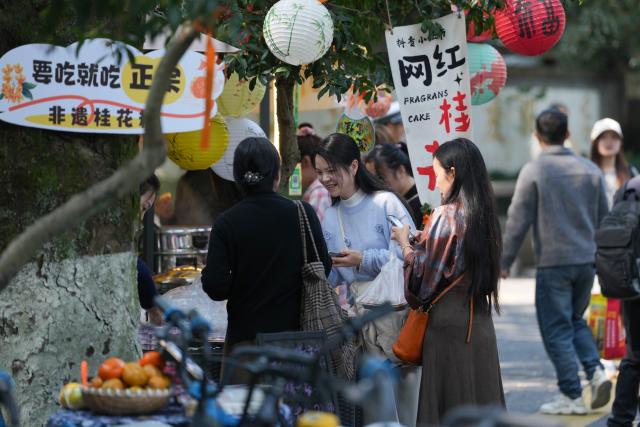 (251029) -- HANGZHOU, Oct. 29, 2025 (Xinhua) -- Tourists buy osmanthus cakes at Manjuelong Village in Hangzhou, east China's Zhejiang Province, Oct. 29, 2025. Recently, osmanthus flowers in Hangzhou have entered blooming period. More than 5 million osmanthus trees are planted across the city, according to local authorities. (Xinhua/Huang Zongzhi)