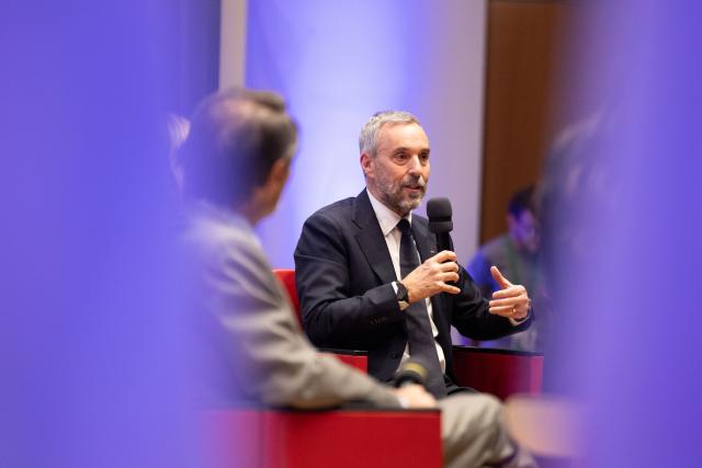 (251030) -- MILAN, Oct. 30, 2025 (Xinhua) -- Andrea Varnier, Chief Executive Officer of the Milano-Cortina 2026 Foundation, speaks during a ceremony marking 100 days to the opening of the Milano-Cortina 2026 Olympic Winter Games at Palazzo Lombardia in Milan, Italy, Oct. 29, 2025. 
A ceremony marking 100 days to the opening of the Milano-Cortina 2026 Olympic Winter Games was held at Palazzo Lombardia in Milan, where organizers unveiled the official podiums for the Olympic and Paralympic Games and introduced 12 "digital torchbearers", symbolizing the start of the final stage of preparations for the event. (Xinhua/Li Jing)
