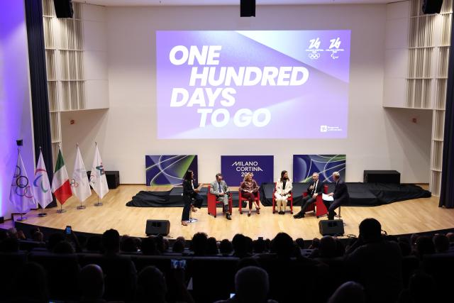 (251030) -- MILAN, Oct. 30, 2025 (Xinhua) -- Invited guests speak during a ceremony marking 100 days to the opening of the Milano-Cortina 2026 Olympic Winter Games at Palazzo Lombardia in Milan, Italy, Oct. 29, 2025. 
A ceremony marking 100 days to the opening of the Milano-Cortina 2026 Olympic Winter Games was held at Palazzo Lombardia in Milan, where organizers unveiled the official podiums for the Olympic and Paralympic Games and introduced 12 "digital torchbearers", symbolizing the start of the final stage of preparations for the event. (Xinhua/Li Jing)