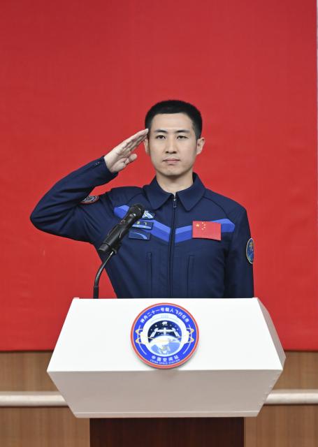 (251030) -- JIUQUAN, Oct. 30, 2025 (Xinhua) -- Chinese astronaut Wu Fei for the upcoming Shenzhou-21 spaceflight mission meets the press in Jiuquan Satellite Launch Center in northwest China on Oct. 30, 2025. Chinese astronauts Zhang Lu, Wu Fei and Zhang Hongzhang for the upcoming Shenzhou-21 spaceflight mission, met the press on Thursday. (Xinhua/Li Zhipeng)