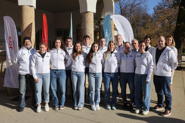 (251030) -- BUDAPEST, Oct. 30, 2025 (Xinhua) -- Members of Hungary's Winter Olympic team pose for a group photo at a press conference organised by Hungarian Olympic Committee to celebrate the 100-day countdown to the opening of the Milano-Cortina 2026 Olympic Winter Games in Budapest, Hungary on Oct. 29, 2025. TO GO WITH "Hungary eyeing short track speed skating glory at 2026 Winter Olympics" (Photo by Attila Volgyi/Xinhua)