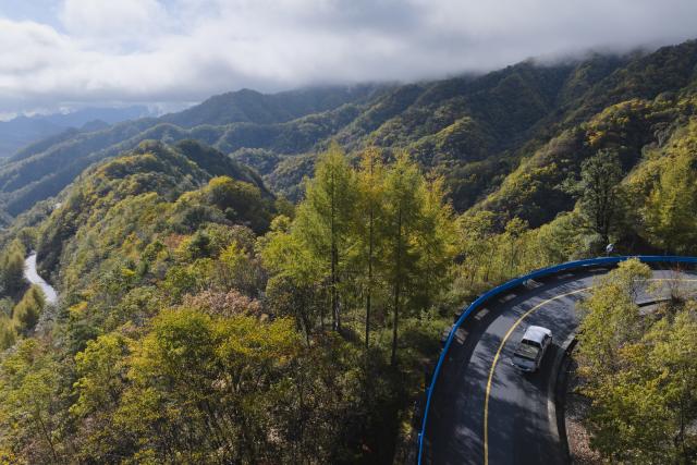 (251030) -- ANKANG, Oct. 30, 2025 (Xinhua) -- An aerial drone photo taken on Oct. 30, 2025 shows a view of the Hualong Mountain in Zhenping County, Ankang City, northwest China's Shaanxi Province. Zhenping County, with a forest coverage rate of 88.82 percent, has leveraged its natural resources in recent years to develop healthcare tourism industry, boosting local economy. (Xinhua/Shao Rui)