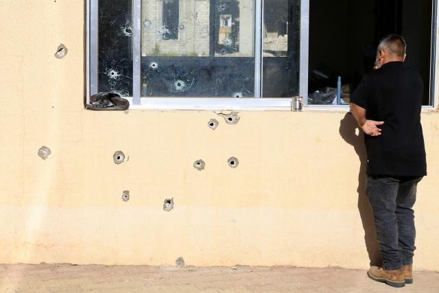 (251030) -- BLIDA, Oct. 30, 2025 (Xinhua) -- This photo taken on Oct. 30, 2025 shows traces of bullets at the Blida municipal building after an Israeli military force infiltrated the border village of Blida, Lebanon.
  An Israeli force infiltrated the village of Blida at around 1:30 a.m. on Wednesday (2330 GMT Tuesday), advancing more than one km beyond the border.
   According to Lebanon's official National News Agency (NNA), the Israeli troops stormed the Blida municipal building, where municipal employee Ibrahim Salameh was staying overnight. He was shot and killed by the Israeli soldiers, the agency reported. (Photo by Ali Hashisho/ Xinhua)