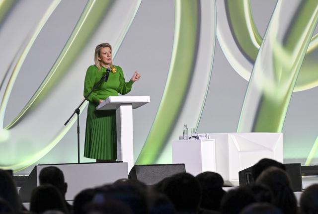 (251031) -- MOSCOW, Oct. 31, 2025 (Xinhua) -- Russian Foreign Ministry spokesperson Maria Zakharova speaks at the "Dialogue about Fakes 3.0" International Forum in Moscow, Russia, Oct. 29, 2025. The Western world remains the primary producer of disinformation, and fake news has become a "pandemic" in the contemporary era, Zakharova said at the "Dialogue about Fakes 3.0" International Forum on Wednesday. (Xinhua/Hao Jianwei)