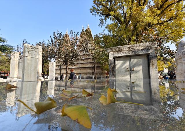 (251031) -- BEIJING, Oct. 31, 2025 (Xinhua) -- This photo taken by a mobile phone on Oct. 31, 2025 shows tourists visiting Wuta (five-pagoda) Temple in Beijing, capital of China. (Xinhua/Xu Jinquan)