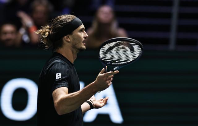 (251101) -- PARIS, Nov. 1, 2025 (Xinhua) -- Alexander Zverev of Germany reacts during the quarterfinal match against Daniil Medvedev of Russia at the Paris ATP Masters 1000 tennis tournament at Paris La Defense Arena in Paris, France, Oct. 31, 2025. (Xinhua/Gao Jing)