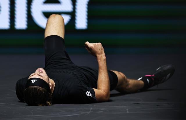 (251101) -- PARIS, Nov. 1, 2025 (Xinhua) -- Alexander Zverev of Germany celebrates after winning the quarterfinal match against Daniil Medvedev of Russia at the Paris ATP Masters 1000 tennis tournament at Paris La Defense Arena in Paris, France, Oct. 31, 2025. (Xinhua/Gao Jing)