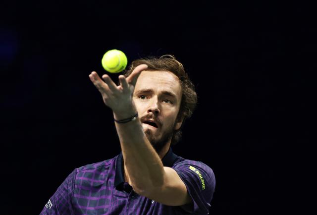 (251101) -- PARIS, Nov. 1, 2025 (Xinhua) -- Daniil Medvedev of Russia serves during the quarterfinal match against Alexander Zverev of Germany at the Paris ATP Masters 1000 tennis tournament at Paris La Defense Arena in Paris, France, Oct. 31, 2025. (Xinhua/Gao Jing)
