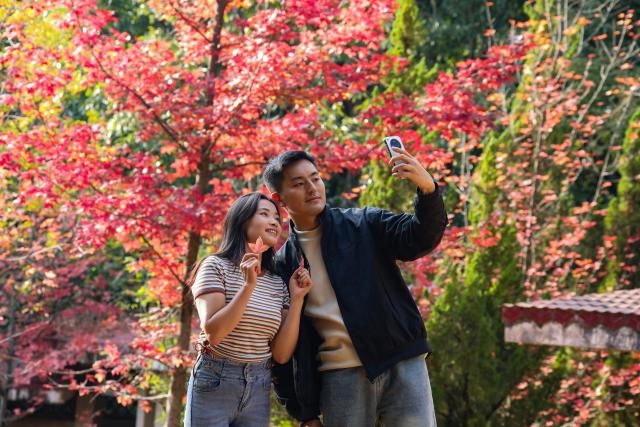 (251102) -- BEIJING, Nov. 2, 2025 (Xinhua) -- Visitors take selfies at Heilongtan Park in Kunming, southwest China's Yunnan Province, Nov. 1, 2025. (Photo by Zheng Yi/Xinhua)