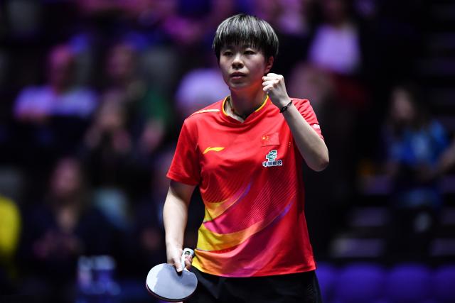(251102) -- MONTPELLIER, Nov. 2, 2025 (Xinhua) -- Wang Yidi of China celebrates during the women's singles semifinal against Joo Cheonhui of South Korea at the WTT Champions Montpellier 2025 in Montpellier, France, on Nov. 2, 2025. (Xinhua/Lian Yi)