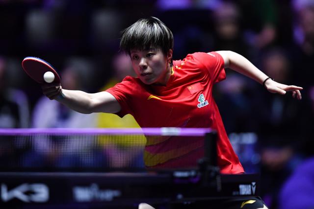 (251102) -- MONTPELLIER, Nov. 2, 2025 (Xinhua) -- Wang Yidi of China hits a return during the women's singles semifinal against Joo Cheonhui of South Korea at the WTT Champions Montpellier 2025 in Montpellier, France, on Nov. 2, 2025. (Xinhua/Lian Yi)
